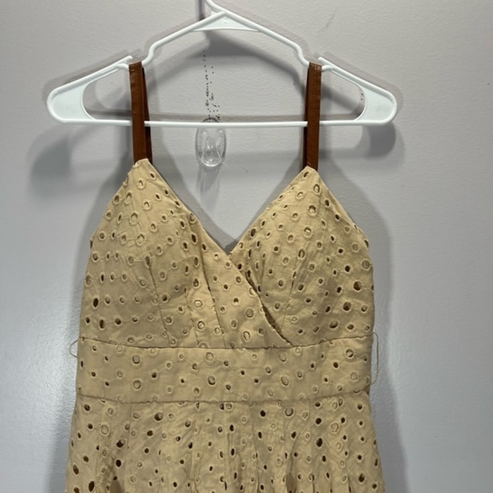 Venus Women’s Bohemian Cottagecore Style Beige Eyelet V Neck Fit And Flare Dress - Picture 4 of 12